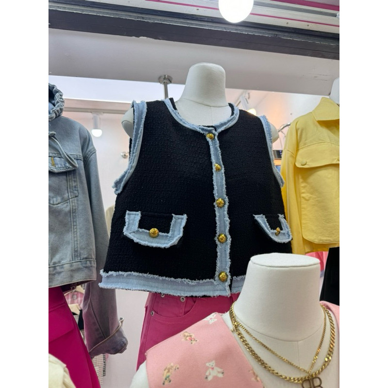Atasan Wanita Tweed Mix Denim Top Ice Style Import Bangkok