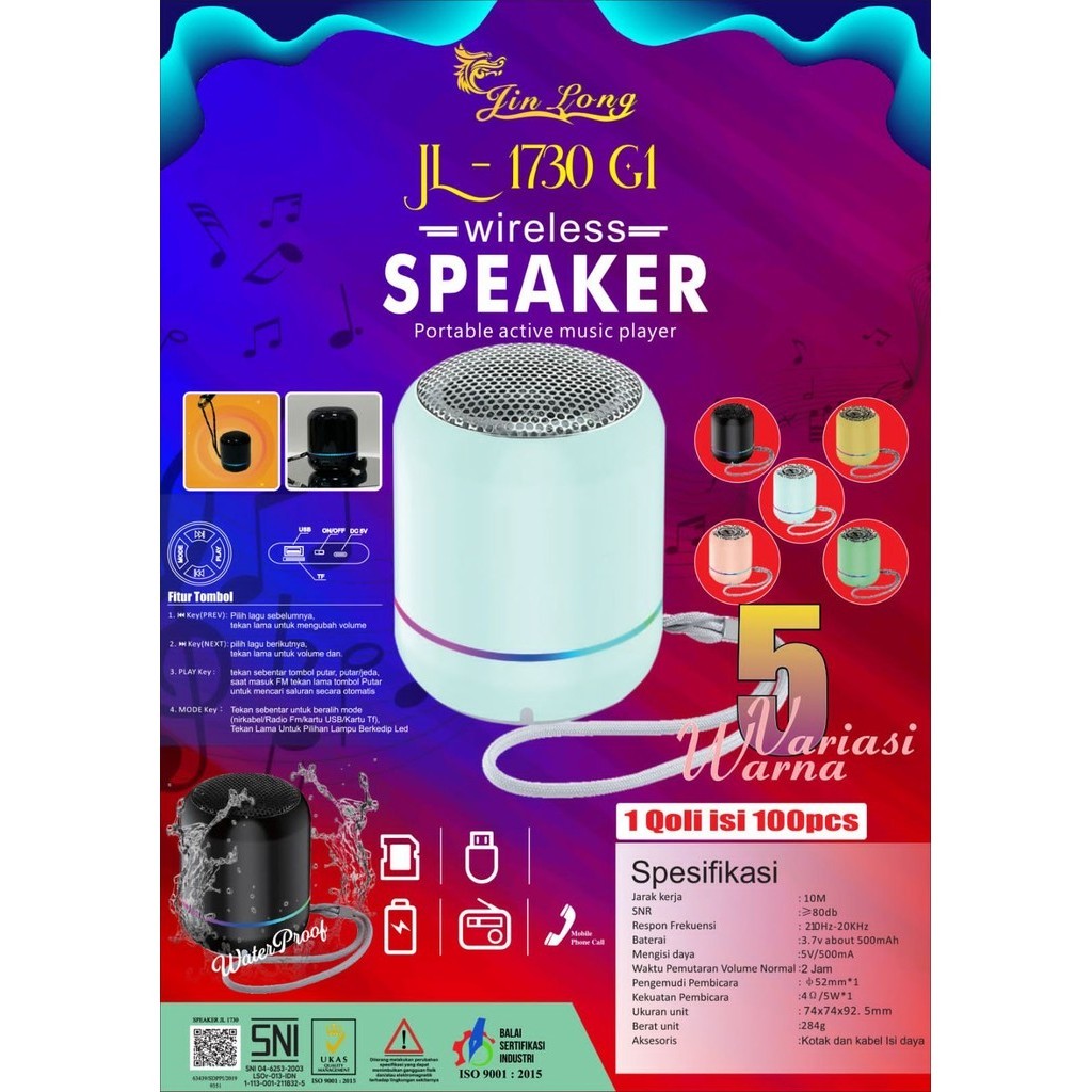 SPEAKER BLUETOOTH JINLONG JL 1730 G1 | Bluetooth Speaker Jinlong Jl 1730 G1 Kabel Type C