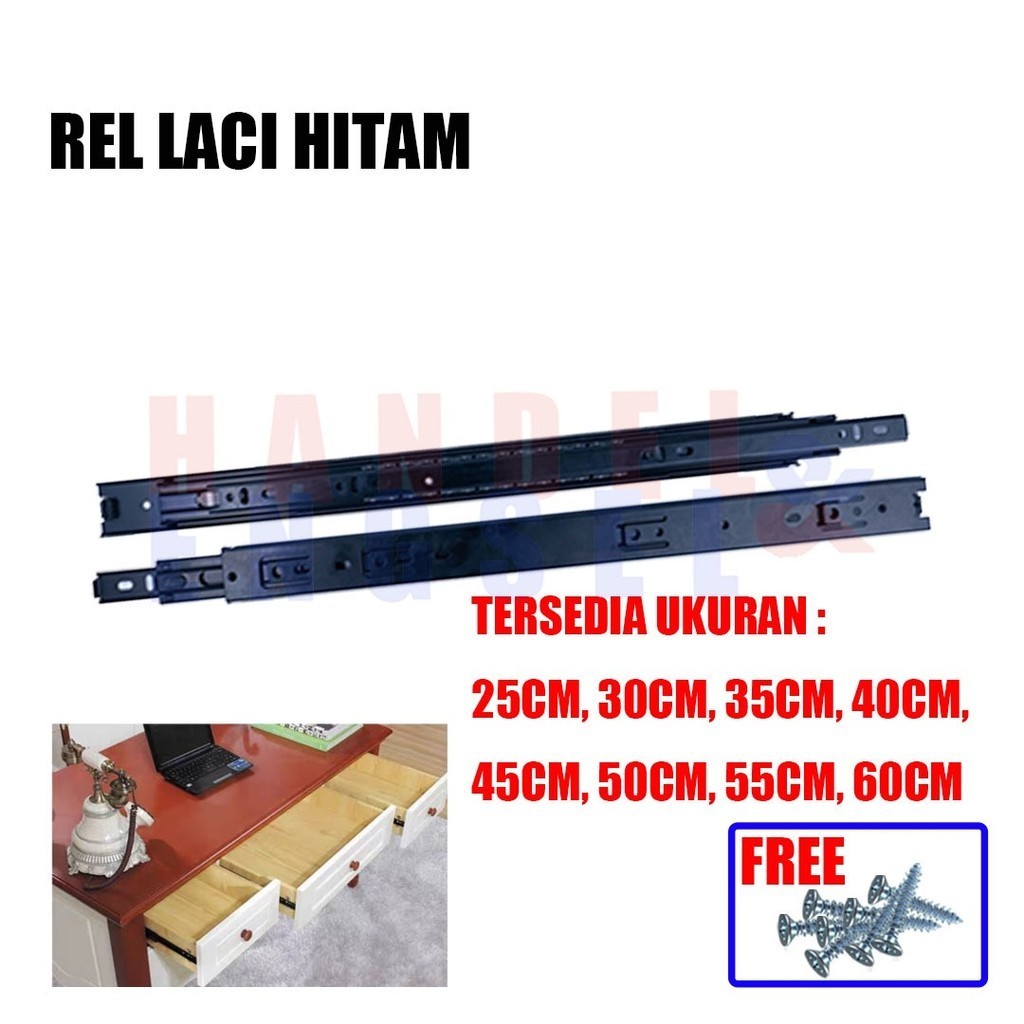 Rel Laci Double Track Full Extension Hitam 40 cm Lebar 35 mm (FREE SEKRUP)