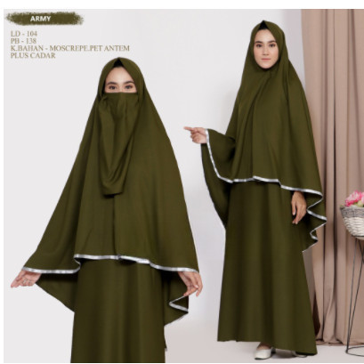 GAMIS SYARI POLOS WANITA  SET KHIMAR CADAR BAJU MUSLIM L XL XXL - L, ARMY
