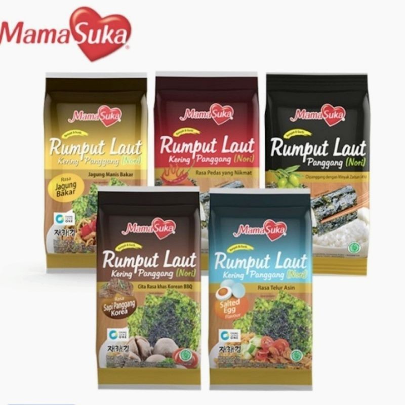 

Mamasuka Rumput Laut Ori, Spicy, BBQ, Salted Egg, Jagung Bakar 4,5gr 1pak