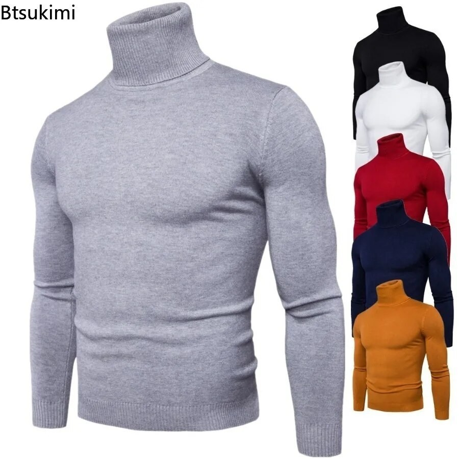 Sweater kerah tinggi  pria, sweater  leher tinggi, leher tinggi, tebal hangat, Slim Fit, pullover mo