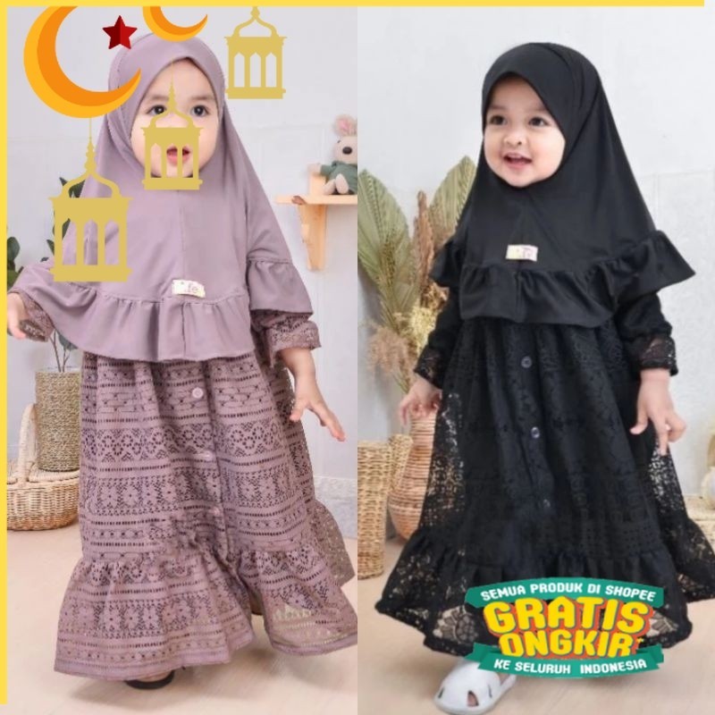 Gamis anak bayi brukat malika terbaru usia 0-5 tahun / gamis anak bayi set khimar terbaru/Maron mera