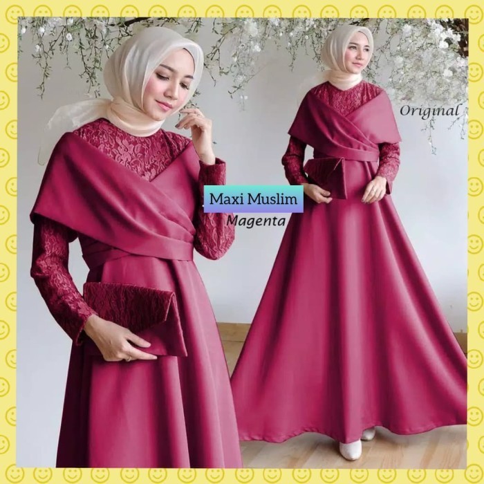 gamis sabrina mix brukat wanita baju lebaran hijab abaya maxi magenta
