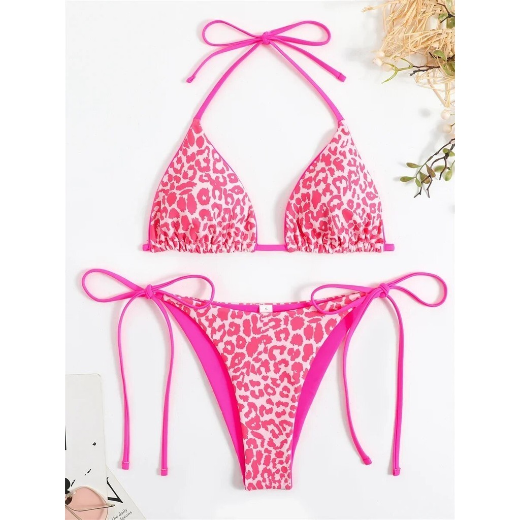 PREORDER Sexy Micro Bikini 2024 Women Pink Leopard Print Neon Double Side Push Up Swimsuit Brazilian