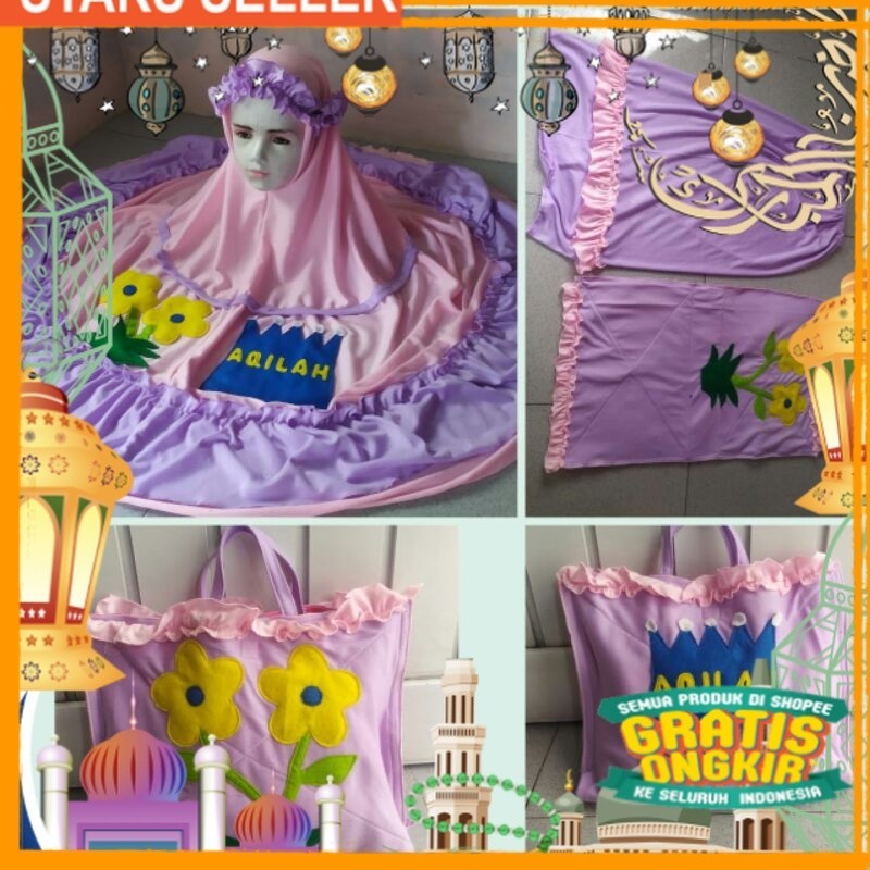mukena anak sajadah tas lucu + nama / mukena anak nama/ Pink Dusty Fanta Merah muda