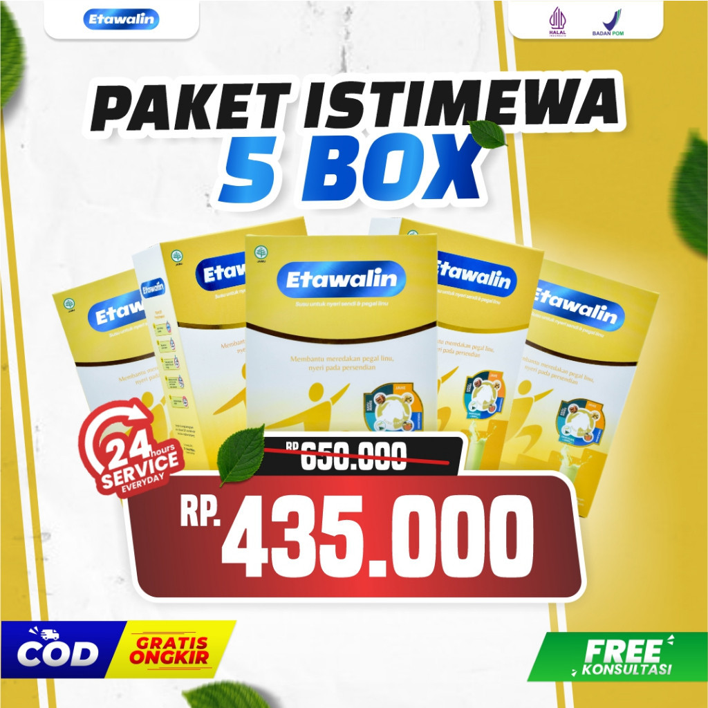 

Paket 5 Box Etawalin Susu Untuk Membantu Meredakan Pegal Linu, Nyeri Sendi Sakit Lutut Asam Urat Tingkatkan Kepadatan & Kesehatan Tulang Sendi