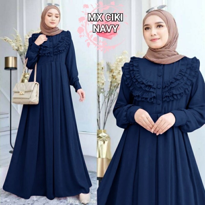 BEST SELLER-Bongkar Gudang Maxi Gamis CIKI Dada Rumbai Shakila Stretch Melar BUSUI REAL PIC - Navy