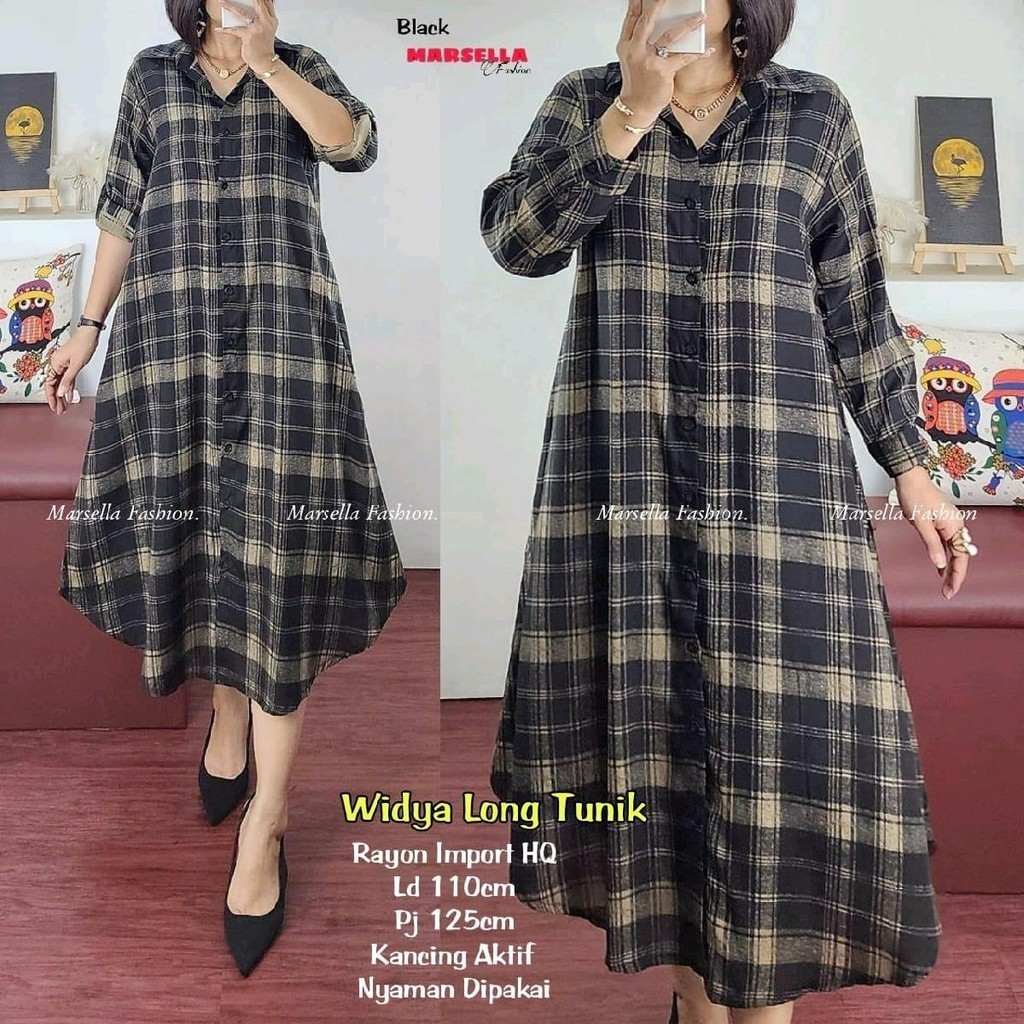 Widya Long Tunik Import Motif Kotak Busui Full Kancing Premium