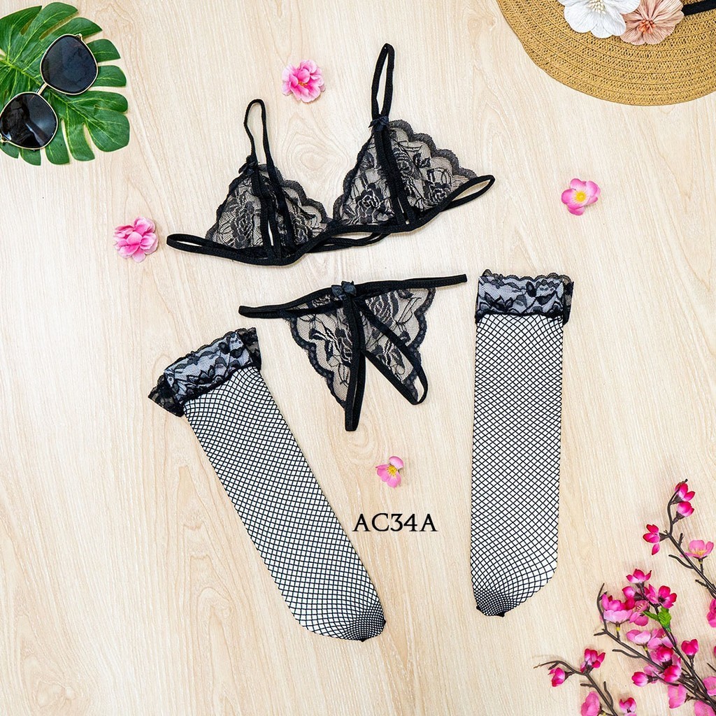 Pakaian Dalam Wanita Set Bra G String + Stocking Lace Hitam Ac34A