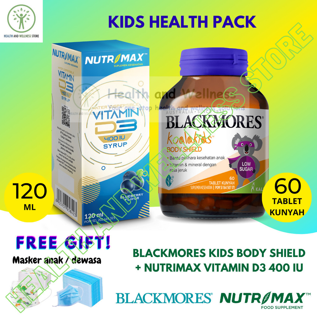 Blackmores Koala Kids Body Shield 60 Tablet Kunyah Dan Nutrimax Vitamin D3 400 IU Syrup 120 Ml Paket