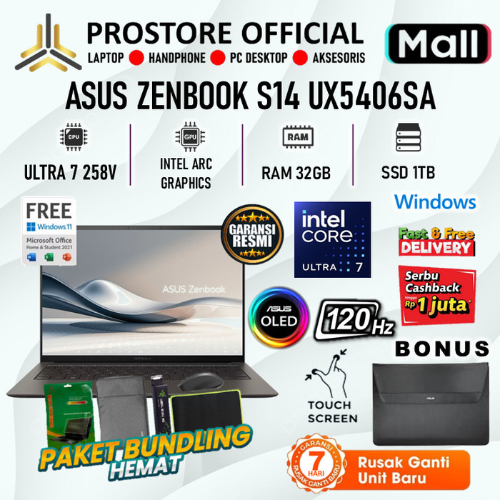 ASUS ZENBOOK S14 UX5406SA OLED TOUCH ULTRA 7 258V 32GB 1TB W11+OHS 14.0 3K -OLEDS712TM
