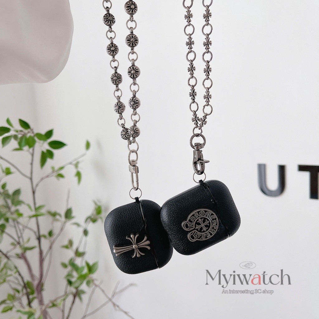 Kotak Kulit Jantung Chrome Dingin untuk Apple AirPods 1 2 3 Pro 2 Metal Cross Pattern Design Cover A