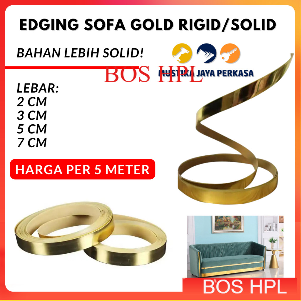 (Per 5 Meter) PVC Edging Gold Sofa Rigid Solid List Variasi Emas HPL Divan Dinding 2 3 5 7 Cm