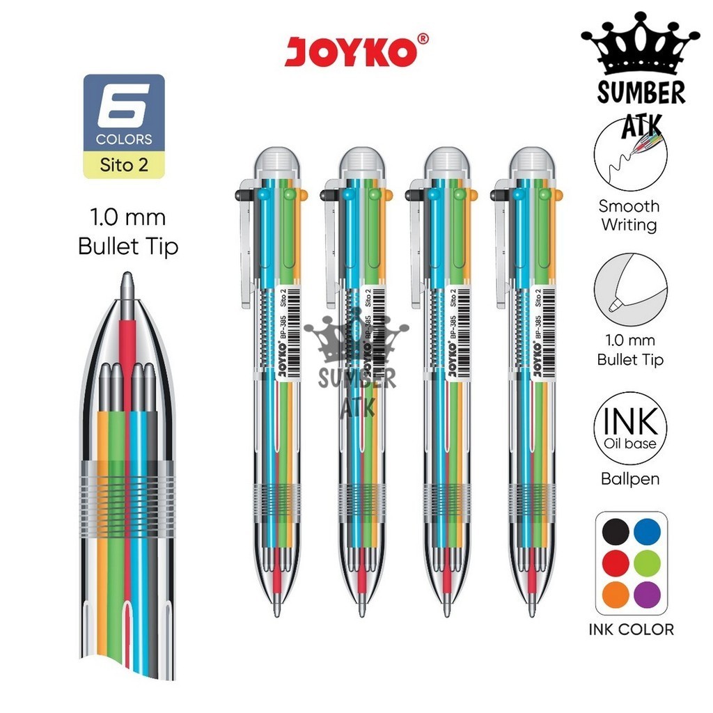 

Ball Pen Pulpen Pena Joyko BP-385 Sito 2 1.0 mm 6 Warna Colors