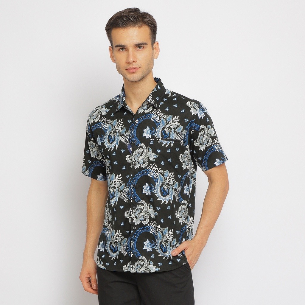 Kemeja Batik Pria Atasan Batik Modern Lengan Pendek Motif Biru OLR077