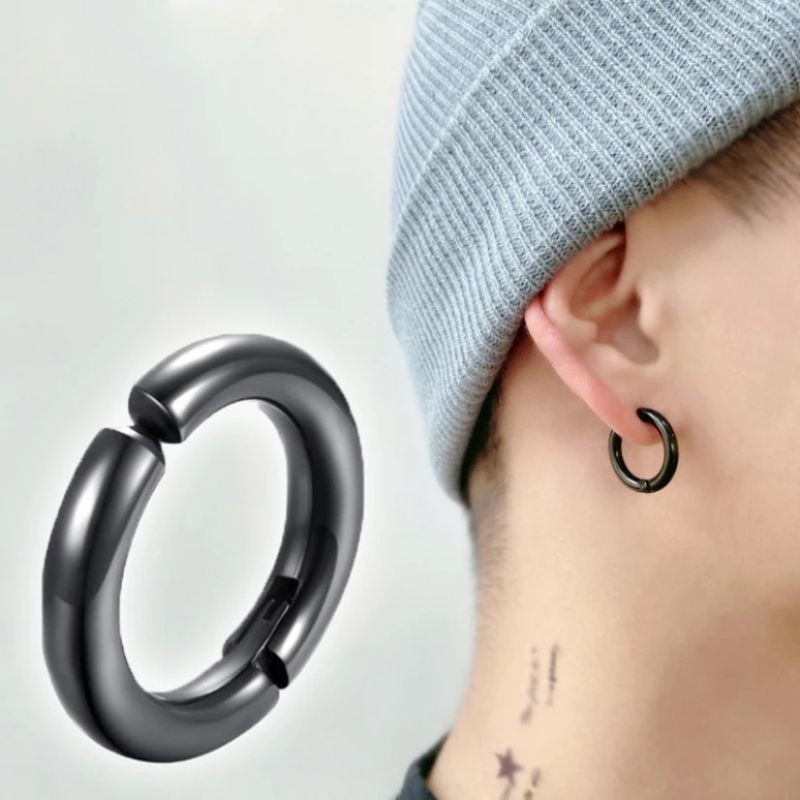 Anting Jepit Bulat Tanpa Tindik Pria Wanita Warna Hitam Putih Emas