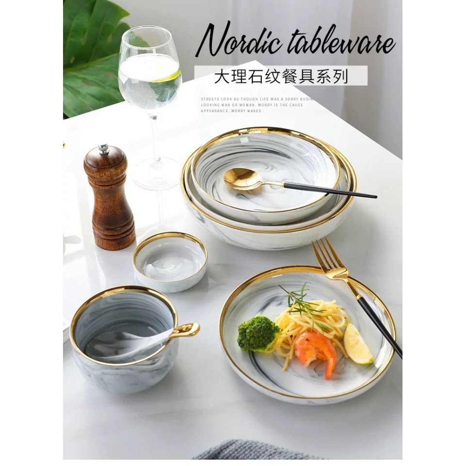 Piring Makan Marble Set / Piring Keramik Marble / Hampers Wedding Gift - Set 18pcs