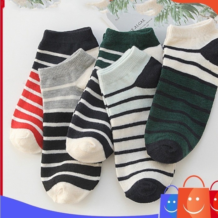 KAOS KAUS KAKI PRIA WANITA PENDEK | ANKLE | SEMATA KAKI MOTIF GARIS - putih gar biru