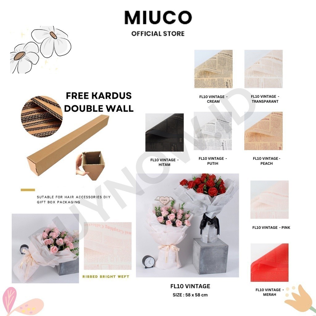 

MIUCO - (5 LEMBAR) - FL10 VINTAGE Craft Paper Kertas Bunga Buket Motif Koran Bunga Florist Cellophane