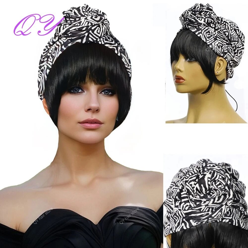 Wig Ikat Kepala Wanita Sintetis Gaya Baru Topi Turban Wig Syal Kepala Tautan Poni Lurus Wig Wanita C