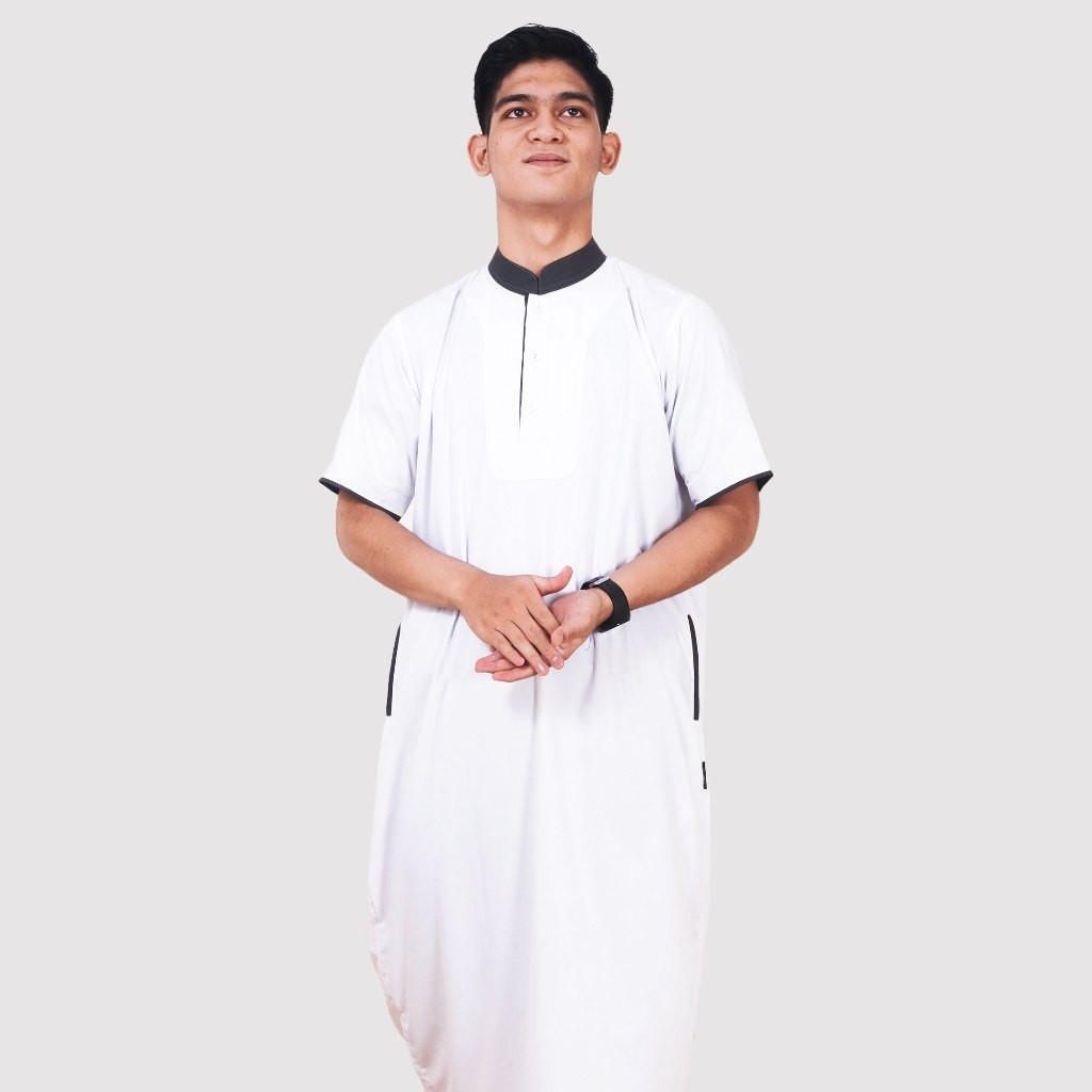 Basari White Jubah mewah gamis bordir pria muslim hitam putih alfaan saudi Keluarga King Salman Adem