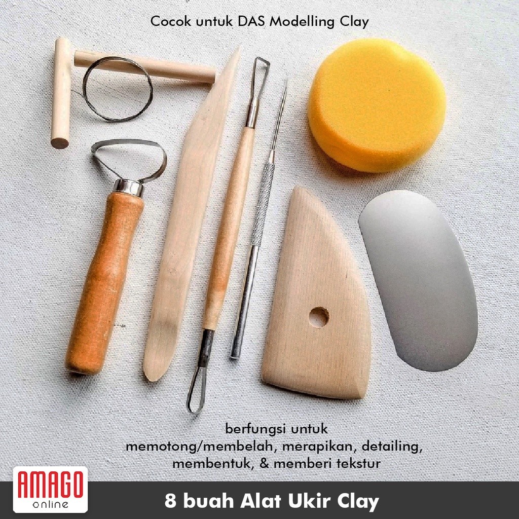 8 pcs Pottery Clay Tool Set - Alat Ukir Clay Tembikar Tanah Liat bahan dari Kayu dan Stainless
