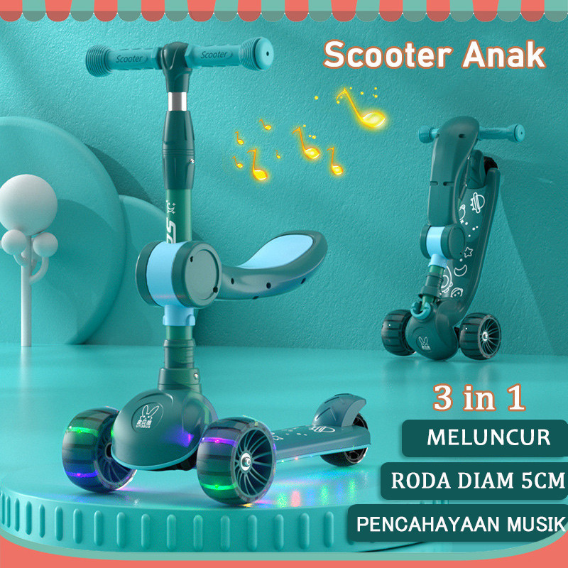 Aden Mainan Anak Skuter 3 in 1 Otoped Sepeda Duduk 3 Roda Skuter Anak Ada Musik Lagu Lampu Scooter A