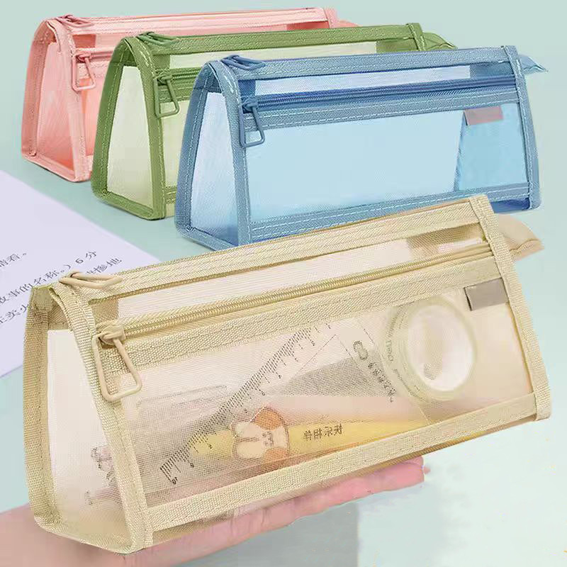 

Kotak Pensil Transparant Portabel Tempat Pensil Jaring Resleting Stationery / Tempat Pensil Transparan Simple Transparan