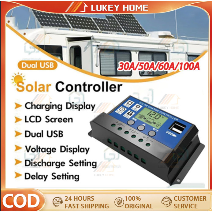 Solar Charge Controller LCD LED Display Solar Cell PWM 12V 24V 10A 20A 30A 50A 60A USB Panel Tenaga 