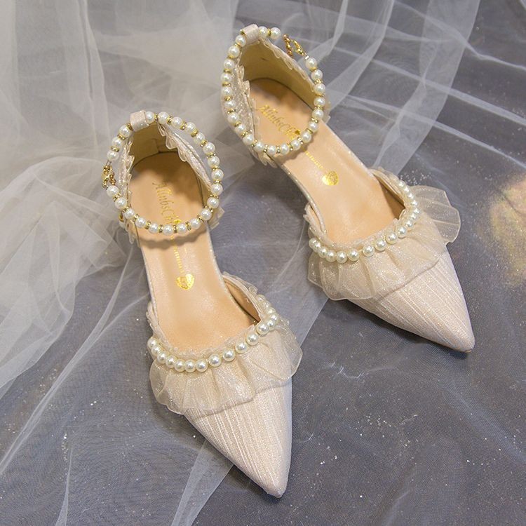 Pointed French High Heels 2024 New Korean Edition Small Heels Pearl Lace Wedding Shoes Bridesmaid Sh