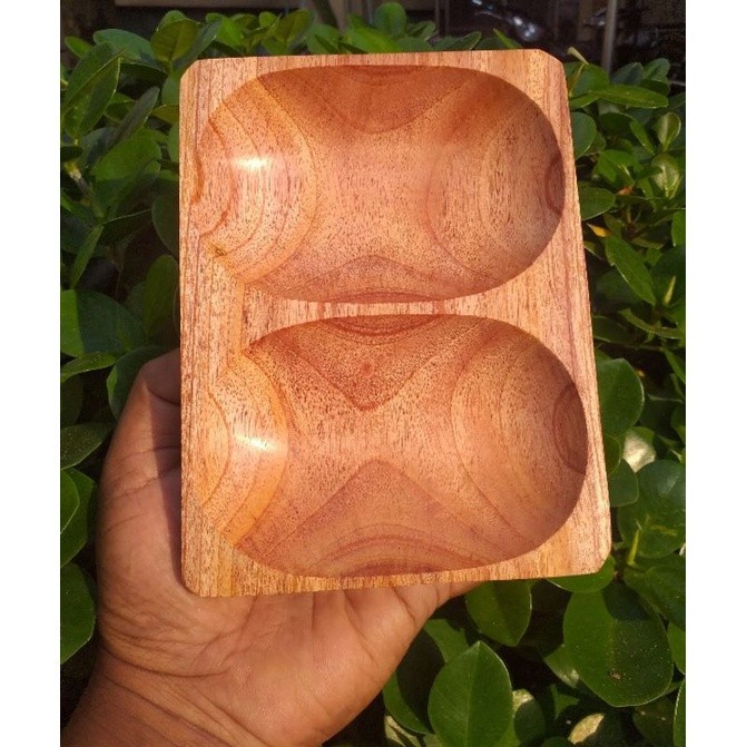 Piring saji/wadah sambal/saos sekat 2 kayu mahoni