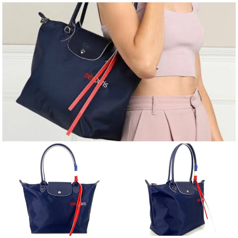 Tas tote bag lipat bahu navy bahan waterproof branded original/Original Long*champ Le Pliage Tres Pa