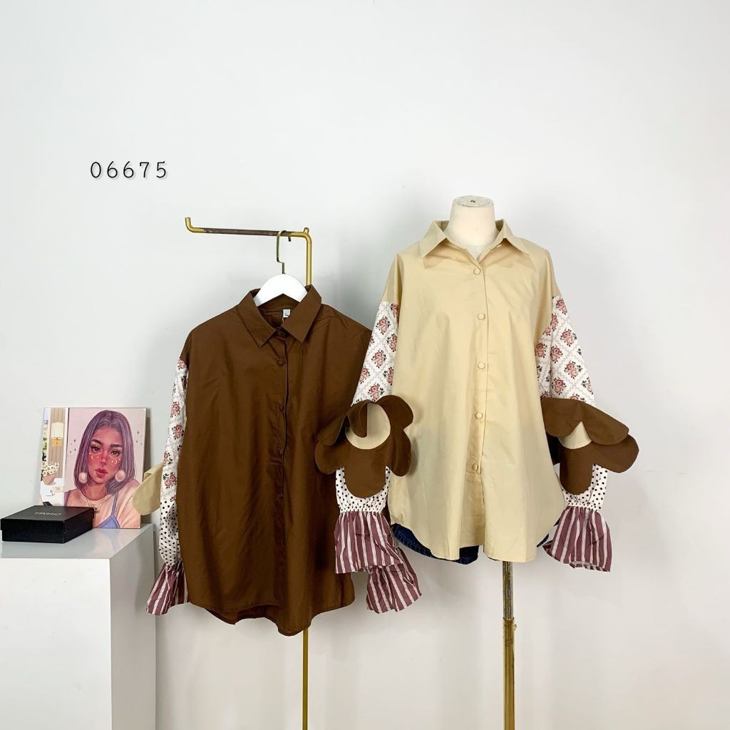 ATASAN BLOUSE KEMEJA KATUN BUNGA VARIASI MOTIF BUNGA TEMPEL 3D BAGIAN LENGAN FULL KANCING BUNGKUS PR