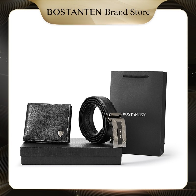 BOSTANTEN Set Kombinasi Dompet PU Dan Sabuk Kulit Sapi Pria (Kotak+Tas Kado)