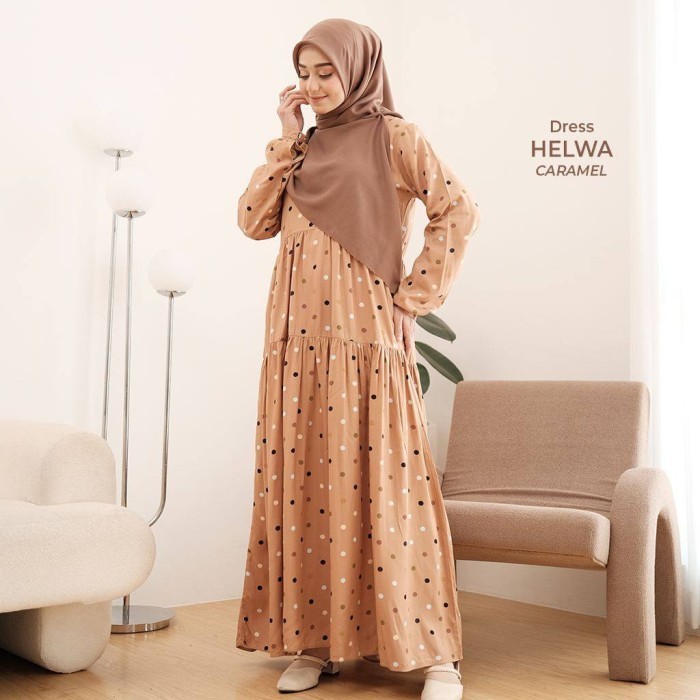 HELWA DRESS POLKADOT by GREENISM GAMIS SYARI POLKA RAYON VISCOSE ADEM - caramel, L