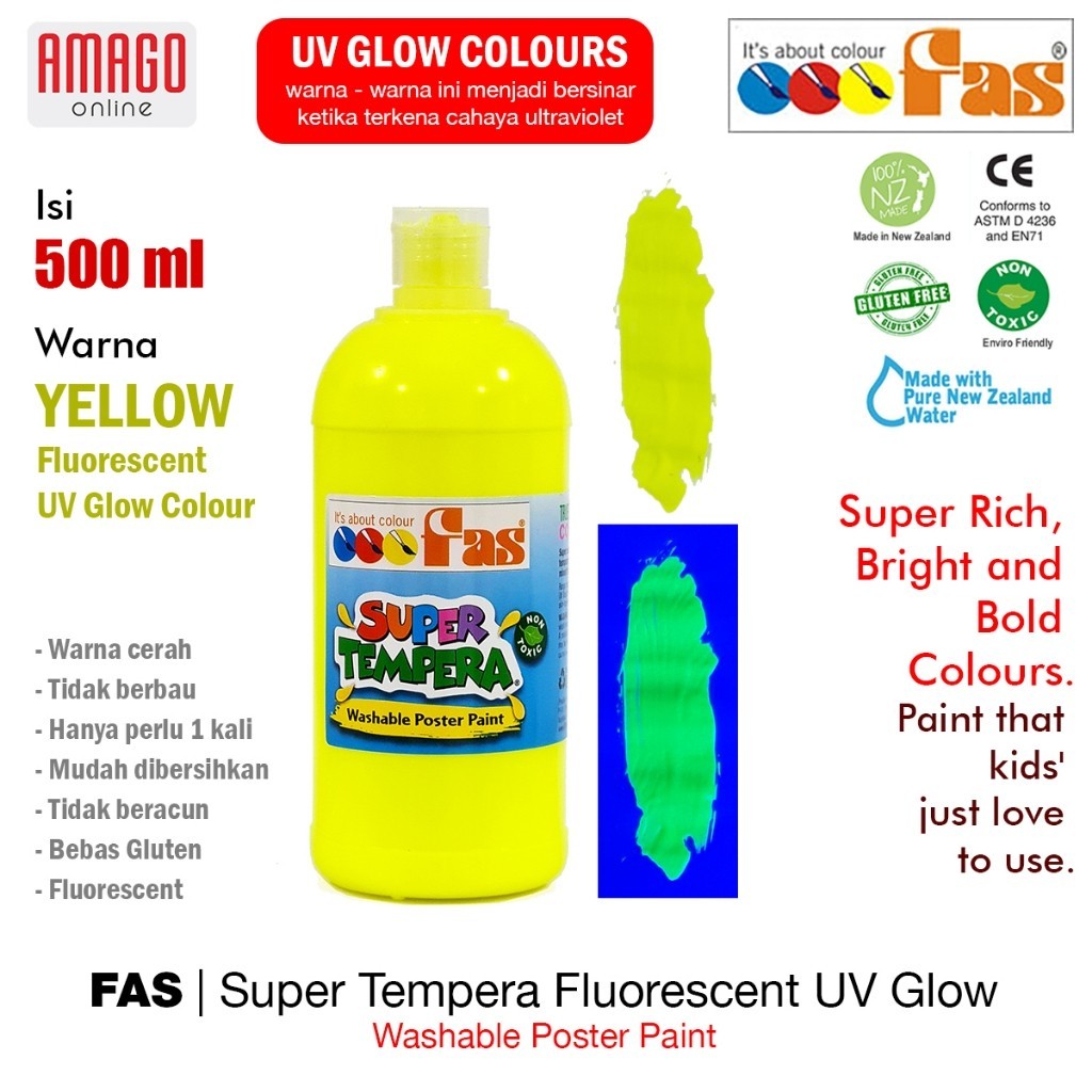 

Cat Poster Lukis UV FAS Super Tempera Fluorescent UV Glow Paint Washable - 500 ml - Yellow