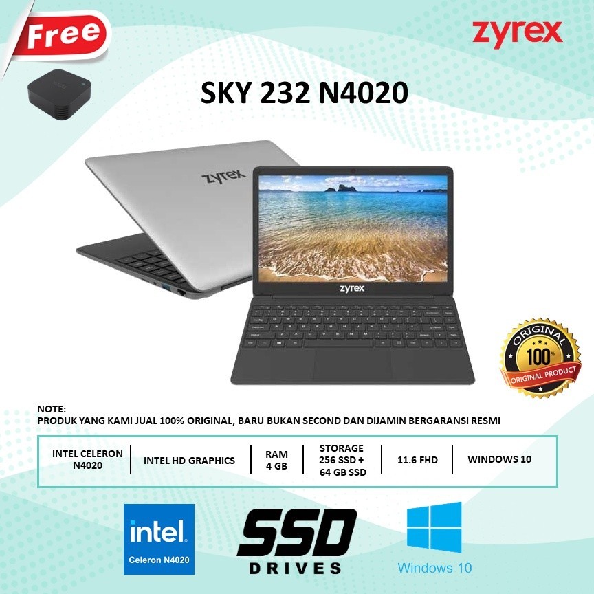 LAPTOP ZYREX SKY 232 N4020 RAM 4GB 256GB SSD+64GB OS WINDOWS 10 LAYAR 11.6" INCH FHD BT