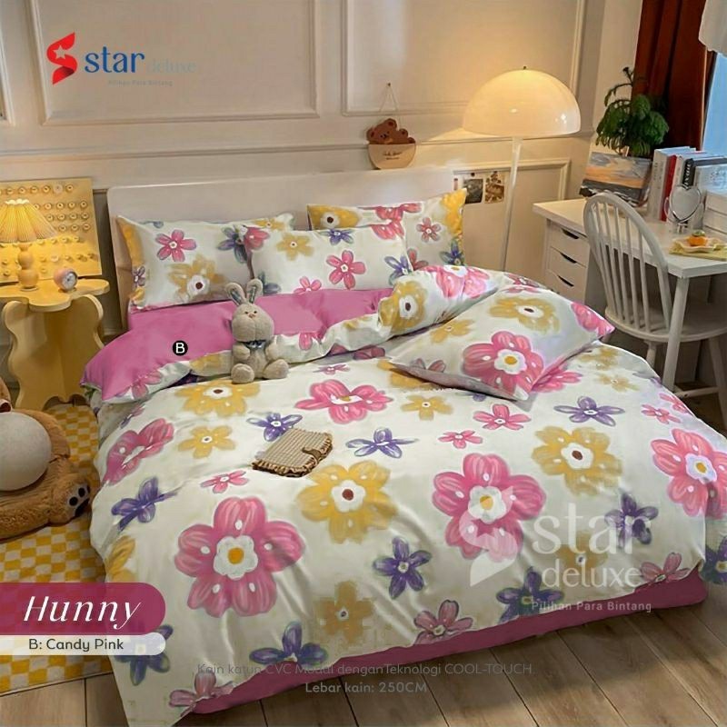 Bedcover + sprei anti geser katun star motif HUNNY pink