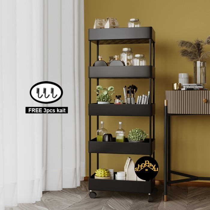 Square rak dapur susun rak toilet plastik 5 layer dengan roda - Putih