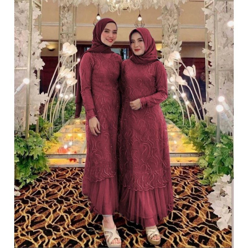 Gamis Sarena Brukat Cantik Pakaian Pesta Gamis Ramadan Kekinian Gamis Gaun Muslim Tile Rubi Mutiara 