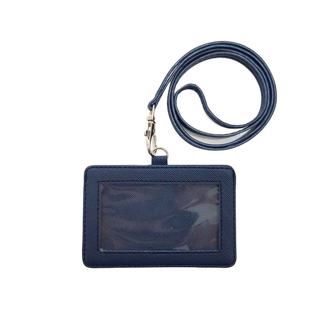 

Name Tag Horizontal Navy Kulit Lanyard Landscape PU Leather ID Card Holder Horisontal