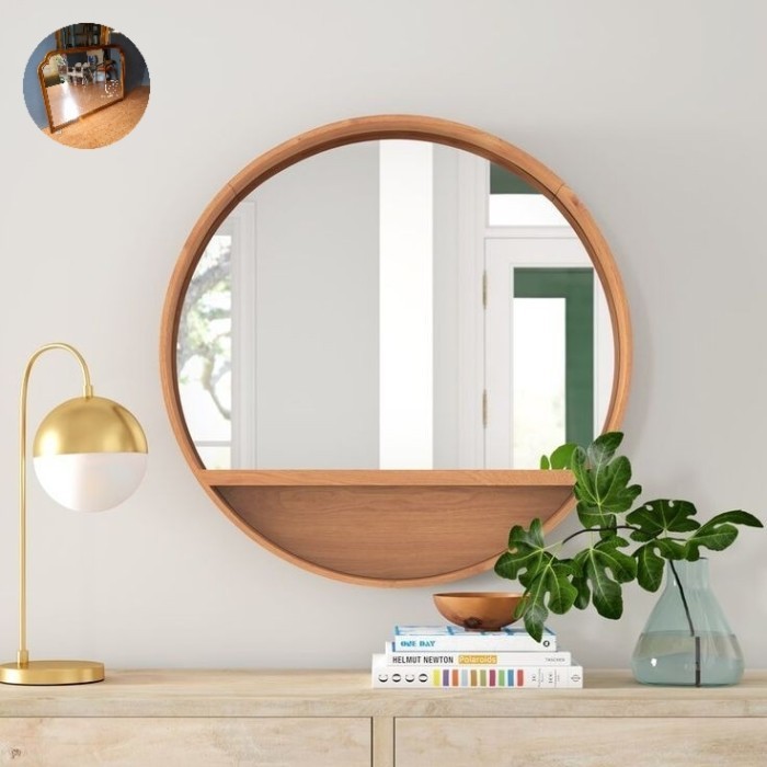 CERMIN BULAT KAYU JATI 80 CM / CERMIN WASTAFEL KAMAR MANDI -NATURAL JATI