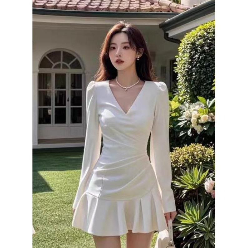Meirong baju mini dress putih wanita sexy cantik lengan panjang mini dress press body kekinian casua