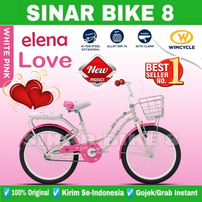 Sepeda Anak Perempuan WIMCYCLE ELENA LOVE Keranjang Ukuran 20 Inch Usia 8-10 Tahun