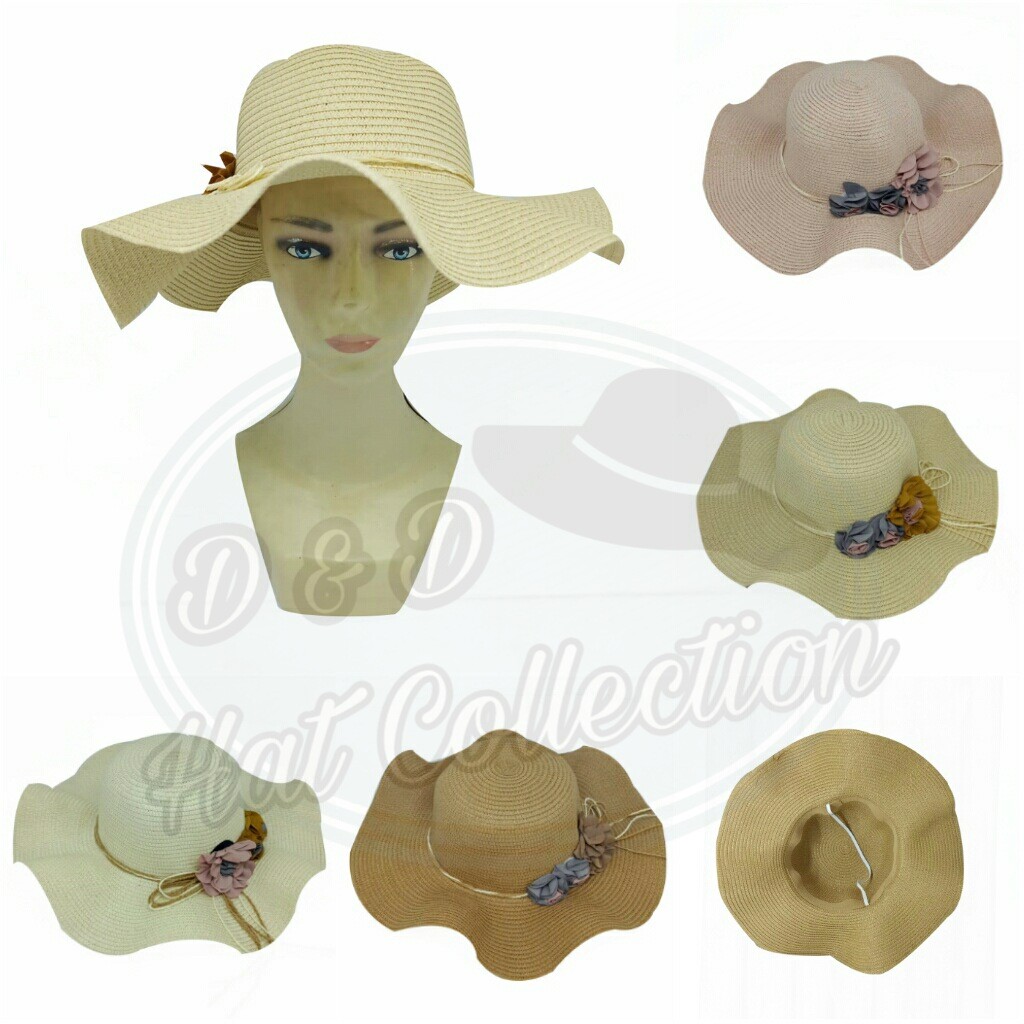 Topi Pantai Gelombang Import Pita Bunga Sifon Topi Fashion Wanita