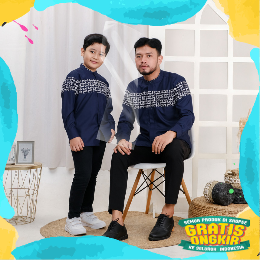 Mufatih Kemeja Koko Batik Couple Kemko Bahir Ayah Anak Warna Navy/ Gemoy