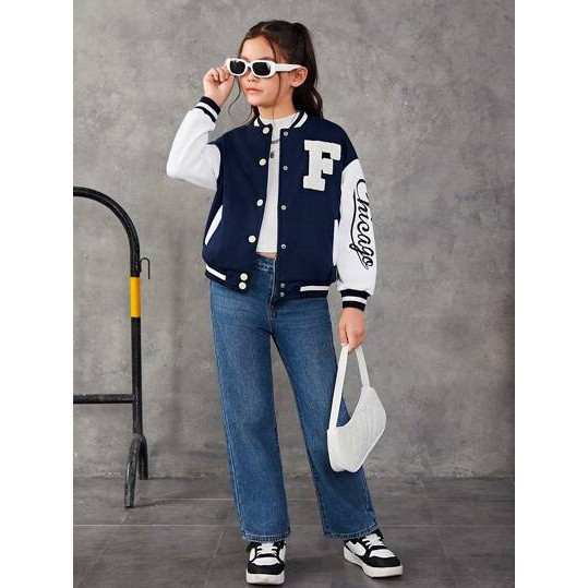 Jaket Varisty Baseball Anak Perempuan Laki Laki Model korean style inisial F bahan katun Flecee Prem