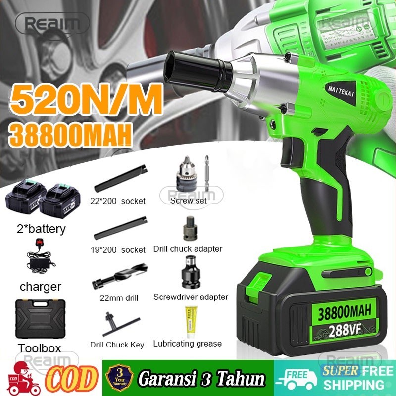 Reaim 288V Cordless Impact wrench 2 baterai cordless mesin pembuka baut ban bor set impak buka motor