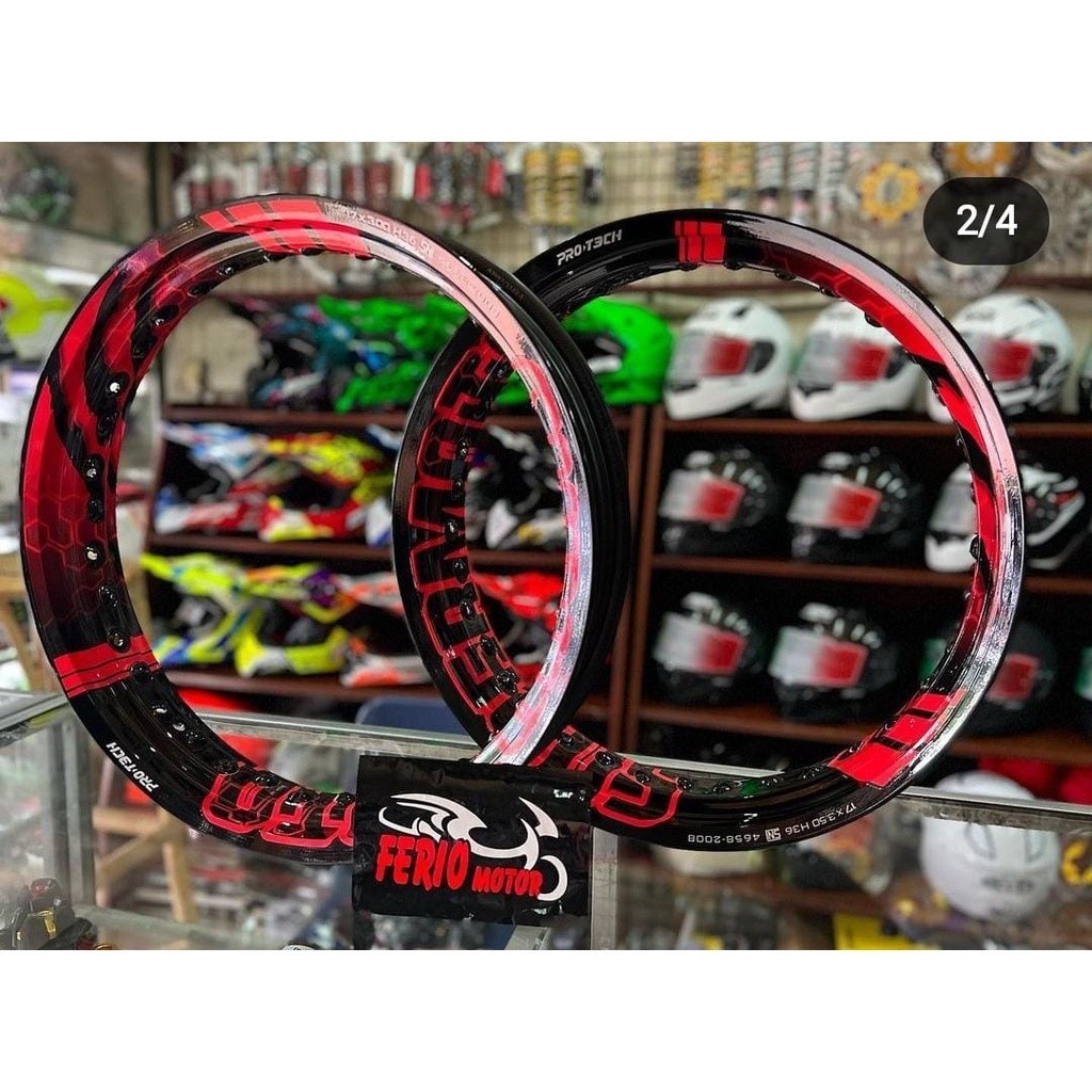 VELG SUPERMOTO MERK PROTECH 1 SET DEPAN BELAKANG LB 36 MERAH HIJAU